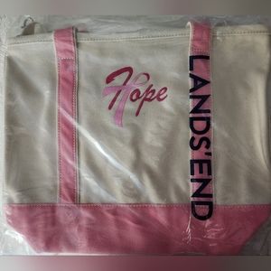 NWT Breast Cancer 🎀 HOPE Lands' End Natural/Pink Medium Open Top Beach Bag/Tote